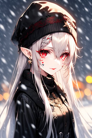 1girl, solo, long hair, looking at viewer, red eyes, hat, hair between eyes, jewelry, closed mouth, upper body, braid, grey hair, earrings, pointy ears, star \(symbol\), coat, black headwear, facial mark, snow, snowing, red lips