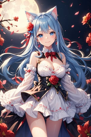 1girl, solo, long hair, breasts, looking at viewer, blush, smile, bangs, blue eyes, skirt, large breasts, hair ornament, long sleeves, dress, ribbon, animal ears, cleavage, bare shoulders, jewelry, medium breasts, closed mouth, underwear, blue hair, standing, panties, flower, thighs, cowboy shot, earrings, frills, detached sleeves, cat ears, hair flower, wide sleeves, white dress, red ribbon, animal ear fluff, black panties, night, floating hair, moon, white skirt, red flower, extra ears, full moon