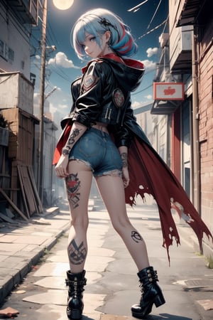 A punk rock version of Snow White. Her outfit is a rebellious fusion of avant-garde fashion.

(Standing: 1.2), Red cape with studded hood and torn mesh details, adorned with punk-inspired patches and brooches. Multi-colored hair, two-tone hair, be sure to change your hairstyle, nose piercing, lots of point tribal tattoos on her feet, logo tattoos on her feet, random tattoos, more patches, dirty and torn anti-union spiked leather jacket, hardcore punk style jacket, punk badge, combat boots tied to her legs, Rebellin, Dal, emo orange, ct- niji2, dal, slums at sunset, stars, moon, wind, smoke, additional details, model must be photographed at different angles, please change pose, model does not look at viewer,