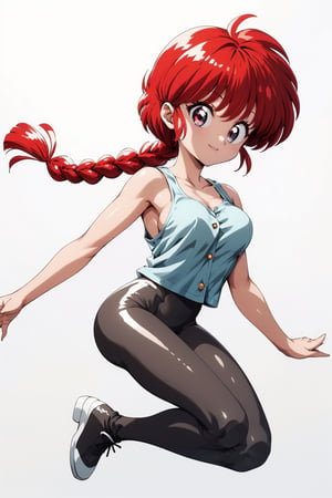 Masterpiece, best quality, high resolution, 8k, one girl, smiling, solo, simple background, red eyes, white background, braids, red hair, young girl figure, single braid, red clothes, white tank top, braided ponytail, abdomen, E cup, decorative buttons on chest, retro art style, Tang Zhuang, Ranma-chan, black short leggings pants, pose change, full body