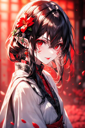 1girl, solo, looking at viewer, bangs, black hair, hair ornament, red eyes, hair between eyes, jewelry, closed mouth, upper body, weapon, flower, earrings, japanese clothes, pointy ears, sword, hair flower, kimono, blurry, tattoo, facial mark, piercing, floral print, red flower, ear piercing, white kimono, red lips