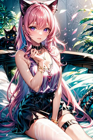 An animated image of a girl with long pink hair and cat ears. She is wearing a purple and white striped tank top with a black collar and a black skirt. The girl is sitting on a white bed. She has a black necklace around her neck. There is another girl on the left side of the image with pink hair. The background is dark.