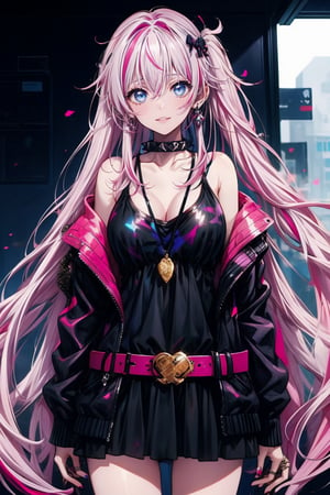 1girl, solo, long hair, breasts, looking at viewer, bangs, blue eyes, skirt, shirt, hair ornament, long sleeves, hair between eyes, twintails, jewelry, medium breasts, blue hair, standing, collarbone, jacket, pink hair, white hair, multicolored hair, cowboy shot, earrings, parted lips, open clothes, choker, belt, indoors, hood, miniskirt, off shoulder, nail polish, lips, streaked hair, black jacket, hoodie, black choker, ring, spikes, blue nails, skull, black belt, skull hair ornament, skull print