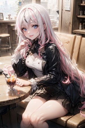 ((Top quality, masterpiece, best quality, super detailed, high resolution, HDR, Unity 16K wallpaper, high resolution CG, beautiful details, depth, fine grain, super fine, vivid)), epic seven style, detailed face, detailed eyes, Blake, glowing hair, (white hair, inner hair pink), (inner hair pink), super long hair, gradient hair color, ((two-tone hair color 1.5)), Blake, high resolution hair, cutely arranged long hair, (big smile), accessories, cute jacket, ((y2k striped knit sweater)), Blake, high waist pleated mini skirt, (stocking details)), medium bust, Blake, ((cute pose change)), very bright colors, orange light, particles, orange particles, close-up, otherworldly izakaya, food on table, alcohol, inside the store, sitting on chair, extra details, anime coloring Nier anime color