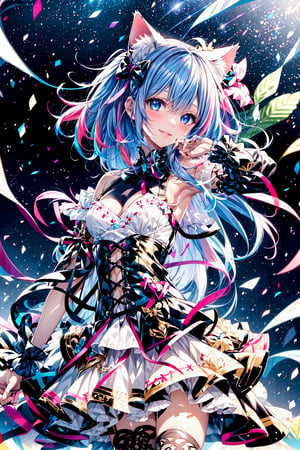 1girl, solo, breasts, looking at viewer, blush, smile, bangs, blue eyes, thighhighs, dress, bow, animal ears, bare shoulders, medium breasts, blue hair, standing, pink hair, hair bow, thighs, multicolored hair, cowboy shot, parted lips, sleeveless, black thighhighs, virtual youtuber, cat ears, hand up, medium hair, armpits, nail polish, white dress, two-tone hair, zettai ryouiki, animal ear fluff, wrist cuffs, short dress, extra ears, colored inner hair<lora:EMS-91280-EMS:1.000000