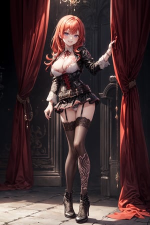 ((Top Quality, Masterpiece, Top Quality, Super Fine, High Resolution, HDR, Unity 8K Wallpaper, High Resolution CG, Beautiful Details, Depth, Subtlety, Super Fine, Vitality)), (Style by EpicSeven ) Eye detail, Break, Face detail, Shining red hair, Arm detail, 4 thumb joints, Beautiful legs, Happy smile, Accessories, (Full body tribal tattoo), ((Costume details) ) ) ) ), ((Riders jacket details, (Riders jacket embroidery details), Break, (Inner gothic corset check)), Break ((Pleated miniskirt)), (Gothic belt), Break, (Extra (Ed.) Sheer) Stockings)), D-cup cleavage, Break, Very bright colored particles, Shining light, (Very bright colored particles)), Close-up, Slightly dim lighting, Orange Colored Lighting, Gothic Room, Blake, (Cute and Sweet Pose Change), Blake, Staring and Laughing, (High-Class Gothic Room), (Gothic Boots), Detailed String Panties, Blake, (Detailed Web Tights) ), break, girl , black curtains closed, morning scenery