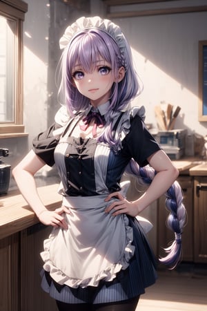 masterpiece, best quality, highres, 1girl, solo, long hair, purple hair, braid, maid headdress, purple eyes, neck ribbon, frills, vertical stripes, blue dress, short sleeves, apron, black pantyhose, , frown, hand on hip, indoors,1girl