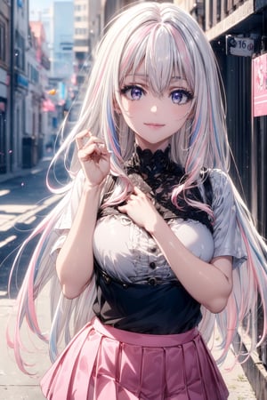 ((Top quality, masterpiece, best quality, super detailed, high resolution, HDR, Unity 16K wallpaper, high resolution CG, beautiful details, depth, fine grain, super fine, vivid)), Epic Seven style, detailed face, detailed eyes, dark dark grey eyes, Blake, glowing hair, (white hair, inner hair pink), (inner hair pink), super long hair, gradient hair color, ((two-tone hair color 1.5)), Blake, high resolution hair, cutely arranged long hair, (best smile), accessories, ((casual cute outfit)), Blake, cute mini skirt, (stocking details)), medium bust, Blake, ((cute pose change)), very bright colors, light particles, orange particles, close-up, cityscape, miracle shot, extra details, two-tone hair
