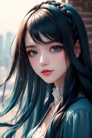 (Ultra-detailed, Photorealistic), soft lighting, cool tones. A solo girl with long, flowing ((dark blue and teal gradient hair)) is gently swaying in the wind on a rooftop, captured from a slightly distant angle. Her hair, though a bit messy from the breeze, still maintains an elegant flow, with soft sunlight reflecting off the strands, bringing out the various shades of blue and teal. Her skin is pale and flawless, with soft makeup and a hint of blush. Her lips are naturally parted, slightly open. She gazes downward, her face angled subtly towards the ground, creating a serene, introspective expression.

The scene feels candid, as if captured on a smartphone from a more removed perspective. The background reveals a rooftop with blurred urban structures, subtly out of focus to keep the attention on the girl. Her long, wavy hair is being lifted by the wind, and delicate braids are subtly woven in, giving her an ethereal, graceful look. Her tinted eyelashes add a dreamy touch, enhancing her overall aura. The rooftop railing and distant cityscape are visible in the background, under an overcast sky, casting a cool ambient light over the scene. The entire atmosphere is reflective and peaceful, with her multi-colored hair providing a striking contrast against the calm urban backdrop.