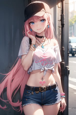 “A single girl with long pink hair, standing outdoors during the day. She has blue eyes and a blush, with a closed-mouth smile. She is wearing a white, off-shoulder crop top with short sleeves that reveals her midriff and navel, adorned with a navel piercing. Her shirt is tied at the front, and she’s wearing blue denim shorts with a belt and buckle, paired with a black bra that slightly shows under the crop top. She has medium-sized breasts and is looking directly at the viewer. Her hair partially covers her face, and she’s wearing a black baseball cap, with one hand resting on it. She is also wearing earrings, a choker, a necklace, and bracelets, along with a tattoo visible on her skin. Her nails are painted, and she has an ear piercing. The scene is bathed in sunlight, and the overall vibe is casual yet stylish.”
