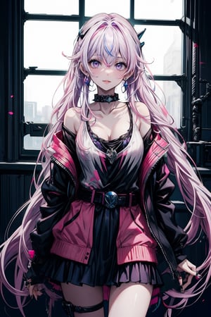 1 girl, solo, long hair, chest, looking at viewer, bangs, purple eyes, skirt, shirt, hair accessory, long sleeves, hair between eyes, pigtails, jewelry, medium breasted, blue hair, standing, collarbone, jacket, pink hair, white hair, multi-coloured hair, cowboy shot, earrings, open lips, open clothes, choker, belt, indoors, hood, miniskirt, off shoulder, nail polish, lips, striped hair, black jacket, hoodie, black choker, ring, spikes, blue nails, skull, black belt, skull hair accessory, skull print