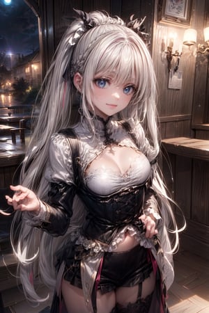 ((Top Quality, Masterpiece, Top Quality, Super Detail, High Resolution, HDR, Unity 16K Wallpaper, High Definition CG, Beautiful Details, Depth, Fine Grain, Super Fine, Vivid)), Style by Epic Seven, Eye Detail, Dark Gray Eyes, break, long hairstyle, ((choose one from ponytail, twin tail, twin braid, side twin tail))), shining white hair, face detail, best smile, ((please change the cute expression)), (Please change the cute pose) Accessories, (Super Detail Gym) (Bloomers) Thin waist, Thin waist, Blake, (Thin thighs, thin legs), (Very detailed), Cleavage, Break, Beautiful bright colors, (orange light) (light particles wallpaper), (shining light) ), cowboy shots, gothic details, cute gothic living room, room luxury, ((moonlight at night)), night sky, Moon, Veranda, Gothic Town, Additional Details, Noise Method, Vivid