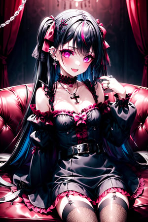 1girl, solo, long hair, breasts, looking at viewer, blush, smile, bangs, black hair, hair ornament, thighhighs, long sleeves, dress, bow, ribbon, cleavage, bare shoulders, jewelry, sitting, very long hair, purple eyes, pink hair, hair bow, multicolored hair, earrings, small breasts, frills, detached sleeves, fang, belt, black thighhighs, indoors, hand up, pink eyes, necklace, nail polish, black dress, collar, two-tone hair, two side up, streaked hair, tattoo, makeup, thigh strap, chain, piercing, ring, cross, ear piercing, fishnets, buckle, pink nails, pink ribbon, black belt, gothic