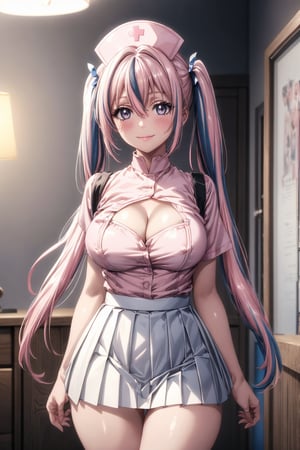 1girl, solo, long hair, breasts, looking at viewer, blush, smile, bangs, skirt, large breasts, shirt, hat, dress, cleavage, hair between eyes, twintails, closed mouth, underwear, standing, panties, pink hair, white hair, short sleeves, thighs, multicolored hair, cowboy shot, pleated skirt, indoors, hand up, white panties, streaked hair, grey eyes, clothing cutout, thigh gap, cleavage cutout, white skirt, nurse cap, nurse, lamp, pleated dress