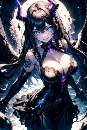 In a breathtaking 8K composition, a cosmic demon figure adorned with tribal tattoos dominates the frame. The fallen angel's eyes glow maliciously as she strikes a sexily pose, showcasing her D-cup cleavage and panties peeking out from the top of her skirt. Lace skirt, lit by glowing lights, Mshiff particles swirl around her face. Her wicked smile beckons temptation against a vibrantly colored backdrop, accentuating the sinister glow that emanates from her presence.