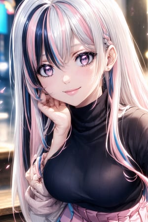 ((best quality, masterpiece, best quality, super detailed, high resolution, HDR, Unity 16K wallpaper, high resolution CG, beautiful details, depth, fine grain, super fine, vivid)), epic seven style, detailed face, detailed eyes, dark dark grey eyes, blake, glowing hair, (white hair, inner hair pink), (inner hair pink), super long hair, gradient hair color, ((two-tone hair color 1.5)), blake, high resolution hair, cutely arranged long hair, (best smile), accessories, ((y2k striped knit sweater)), blake, high waist pleated miniskirt, (stocking details)), medium bust, blake, ((cute pose change)), very bright color, light particles, orange particles, close up, cityscape, shopping, extra details, two-tone hair