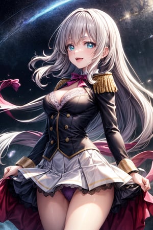 (((Masterpiece, Top Quality, High Resolution))), 16K, Blake. ((StyleofEpicSeven))), Cruel, Space, Cruel, Evil, Eye Detail 1.3, Arms in front, Arms outstretched, Blake, Face Detail, One girl, Hair is a gradient color that changes from soft pink to pastel blue to mint green. Be sure to change your hairstyle: 1.3, Accessories, Elaborate military style ((Uniform uniform with white as the main color)). Y2K cosplay uniform look with detailed embroidery and cute design, open mouth, revealing, multi-colored trim and detailed details. Miniskirt with small accents: 1.3, (change mouth movement, Menhera Gothic fashion), thigh gap, (colorful uniform), (StyleofEpicSeven), D-cup cleavage, Blake, very bright colors, light-gathering spirit animals, light particles, glowing light, Mshiff, wallpaper art change, UHD wallpaper, cowboy shot, cute dance change, best smile, evil glow, ((wind blows skirt, cute embroidered lace underwear)) from the side