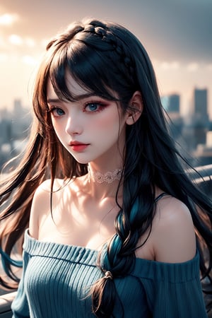 , Ultra-detailed, Photorealistic), soft lighting, cool tones. A solo girl with long, flowing ((dark blue and teal gradient hair)), gently swaying in the wind on a rooftop. Her hair, slightly messy yet elegant, catches the soft sunlight, with subtle reflections enhancing various shades of blue. She has pale, flawless skin, with soft makeup and a hint of blush, naturally parted lips slightly open. Her deep, distant gaze looks towards the horizon, exuding a calm and introspective mood. She wears a delicate choker and a simple, dark off-shoulder top, amplifying her serene and atmospheric presence.

The scene is captured as if shot on a smartphone, creating an intimate and candid feel. The background reveals a rooftop setting, with minimalistic urban structures blurred out, emphasizing the girl. Soft wind blows her long wavy hair, with intricate braids subtly woven in, adding to her ethereal appearance. Her eyelashes are tinted, enhancing the overall dreamy vibe. The rooftop railing and distant cityscape are visible, with the cool ambient light of an overcast sky casting a serene atmosphere. The overall mood is reflective and peaceful, with her multi-colored hair contrasting beautifully against the calm urban background.