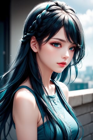 (Ultra-detailed, Photorealistic), soft lighting, cool tones. A solo girl with long, flowing ((dark blue and teal gradient hair)) is gently swaying in the wind on a rooftop, captured from a slightly distant angle. Her hair, though a bit messy from the breeze, still maintains an elegant flow, with soft sunlight reflecting off the strands, bringing out the various shades of blue and teal. Her skin is pale and flawless, with soft makeup and a hint of blush. Her lips are naturally parted, slightly open. She gazes downward, her face angled subtly towards the ground, creating a serene, introspective expression.

The scene feels candid, as if captured on a smartphone from a more removed perspective. The background reveals a rooftop with blurred urban structures, subtly out of focus to keep the attention on the girl. Her long, wavy hair is being lifted by the wind, and delicate braids are subtly woven in, giving her an ethereal, graceful look. Her tinted eyelashes add a dreamy touch, enhancing her overall aura. The rooftop railing and distant cityscape are visible in the background, under an overcast sky, casting a cool ambient light over the scene. The entire atmosphere is reflective and peaceful, with her multi-colored hair providing a striking contrast against the calm urban backdrop.