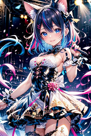 1girl, solo, breasts, looking at viewer, blush, smile, bangs, blue eyes, thighhighs, dress, bow, animal ears, bare shoulders, medium breasts, blue hair, standing, pink hair, hair bow, thighs, multicolored hair, cowboy shot, parted lips, sleeveless, black thighhighs, virtual youtuber, cat ears, hand up, medium hair, armpits, nail polish, white dress, two-tone hair, zettai ryouiki, animal ear fluff, wrist cuffs, short dress, extra ears, colored inner hair<lora:EMS-91280-EMS:1.000000