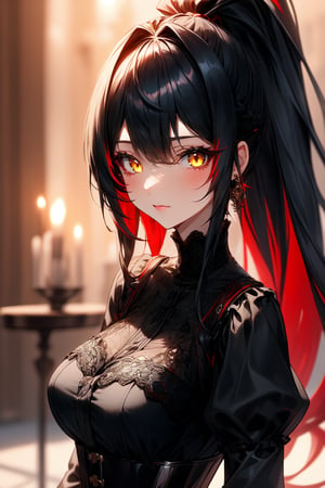 1girl, solo, long hair, breasts, looking at viewer, bangs, large breasts, black hair, long sleeves, dress, jewelry, medium breasts, closed mouth, yellow eyes, upper body, ponytail, sidelocks, red hair, multicolored hair, earrings, puffy sleeves, shiny, indoors, blurry, black dress, two-tone hair, lips, streaked hair, blurry background, high ponytail, corset, candle