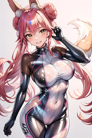 masterpiece, best quality, highres, 1girl, solo, standing, looking at viewer, large breasts, rubbersuit, latex suit, rubber suit, bodysuit, smile, simple background, white background, bbkoyans, long hair, double bun, fox ears