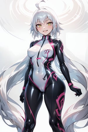 masterpiece, best quality, highres, 1girl, solo, standing, looking at viewer, medium breasts, rubbersuit, latex suit, rubber suit, bodysuit, smile, simple background, white background, jeannernd, long hair, ahoge, white hair, yellow eyes