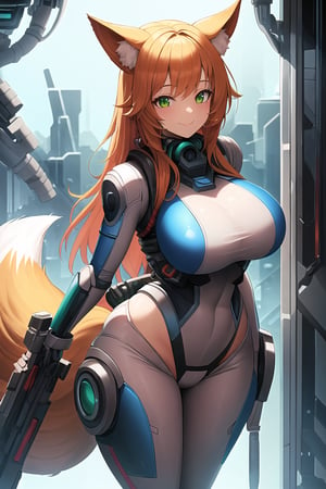 masterpiece, best quality, highres, plasttech, scifi, synthetic, transparent, 1girl, solo, standing, looking at viewer, curvy body, large breasts, yellow hair, long hair, fox ears, fox tail, smile, green eyes