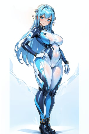 masterpiece, best quality, highres, 1girl, solo, standing, looking at viewer, large breasts, rubbersuit, latex suit, rubber suit, bodysuit, smile, simple background, white background, CoralVG, blue hair, blue eyes