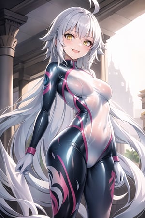 masterpiece, best quality, highres, 1girl, solo, standing, looking at viewer, medium breasts, rubbersuit, latex suit, rubber suit, bodysuit, smile, simple background, white background, jeannernd, long hair, ahoge, white hair, yellow eyes