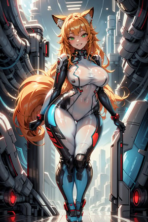 masterpiece, best quality, highres, plasttech, scifi, synthetic, transparent, 1girl, solo, standing, looking at viewer, curvy body, large breasts, yellow hair, long hair, fox ears, fox tail, rubbersuit, latex suit, rubber suit, bodysuit, smile, green eyes