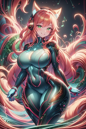 masterpiece, best quality, highres, soundwavetech, scifi, digital music, glowing frequencies, 1girl, solo, standing, looking at viewer, curvy body, large breasts, yellow hair, long hair, fox ears, fox tail, rubbersuit, latex suit, rubber suit, bodysuit, smile, green eyes