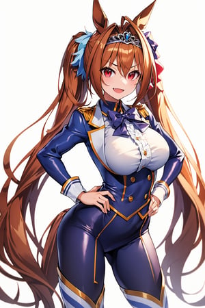 masterpiece, best quality, highres, 1girl, solo, standing, hands on hip, looking at viewer, large breasts, rubbersuit02, glossy suit, bodysuit, latex, smile, simple background, white background, daiwa scarlet (umamusume), horse ears, long hair, twintails, tiara, horse tail, very long hair, brown hair, large breasts, fang, red eyes, bangs, hair between eyes, hair bow, 