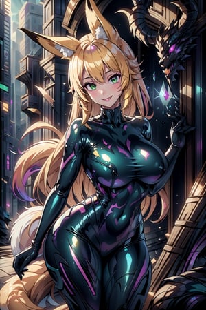 masterpiece, best quality, highres, 1girl, solo, standing, looking at viewer, curvy body, large breasts, yellow hair, long hair, fox ears, fox tail, rubbersuit, latex suit, rubber suit, bodysuit, smile, green eyes, draconictech, scifi, obsidian, iridescent, scaly