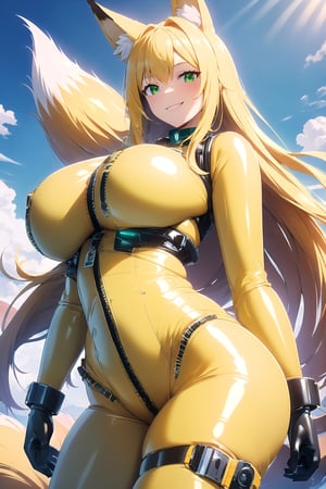 masterpiece, best quality, highres, LatexTech, scifi, inflatable, zippers, 1girl, solo, standing, looking at viewer, curvy body, large breasts, yellow hair, long hair, fox ears, fox tail, smile, green eyes