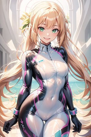 masterpiece, best quality, highres, 1girl, solo, standing, looking at viewer, rubbersuit, latex suit, rubber suit, bodysuit, smile, simple background, white background, bbcaster, long hair, twintails, green eyes