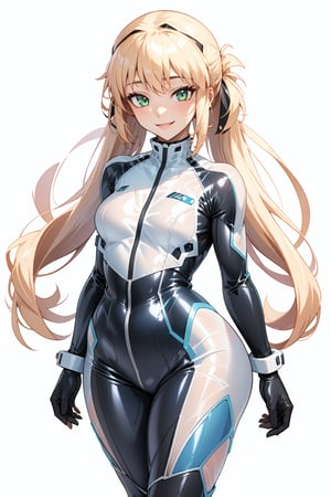 masterpiece, best quality, highres, 1girl, solo, standing, looking at viewer, rubbersuit, latex suit, rubber suit, bodysuit, smile, simple background, white background, bbcaster, long hair, twintails, green eyes