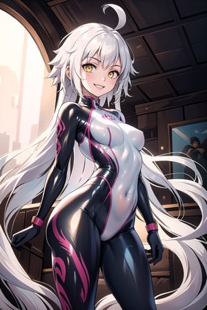 masterpiece, best quality, highres, 1girl, solo, standing, looking at viewer, medium breasts, rubbersuit, latex suit, rubber suit, bodysuit, smile, simple background, white background, jeannernd, long hair, ahoge, white hair, yellow eyes
