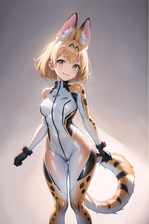 masterpiece, best quality, highres, 1girl, solo, standing, looking at viewer, rubbersuit, latex suit, rubber suit, bodysuit, smile, simple background, white background, serval, animal ears, short hair, serval print, tail, bow