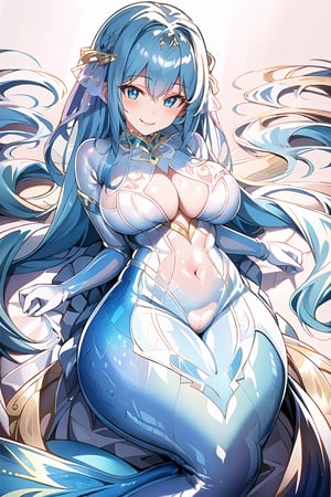 masterpiece, best quality, highres, 1girl, solo, looking at viewer, large breasts, rubbersuit, latex suit, rubber suit, bodysuit, smile, simple background, white background, CoralVG, mermaid, blue hair, blue eyes