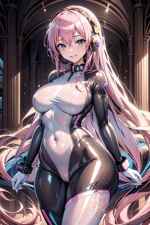 masterpiece, best quality, highres, 1girl, solo, standing, looking at viewer, large breasts, rubbersuit, latex suit, rubber suit, bodysuit, smile, simple background, white background, megurine luka, long hair, headset, blue eyes, hair between eyes, pink hair, headphones