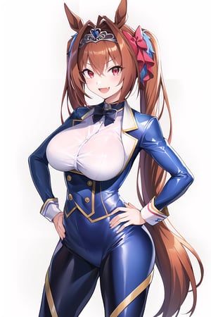 masterpiece, best quality, highres, 1girl, solo, standing, hands on hip, looking at viewer, large breasts, rubbersuit02, glossy suit, bodysuit, latex, smile, simple background, white background, daiwa scarlet (umamusume), horse ears, long hair, twintails, tiara, horse tail, very long hair, brown hair, large breasts, fang, red eyes, bangs, hair between eyes, hair bow, 