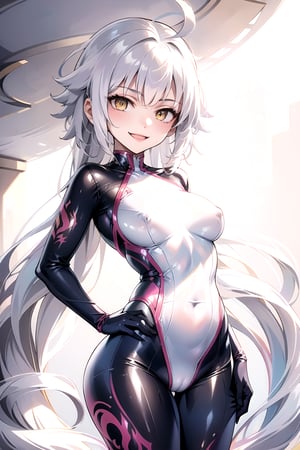 masterpiece, best quality, highres, 1girl, solo, standing, looking at viewer, medium breasts, rubbersuit, latex suit, rubber suit, bodysuit, shrug \(clothing\), cropped jacket, smile, simple background, white background, jeannebrskr, ahoge