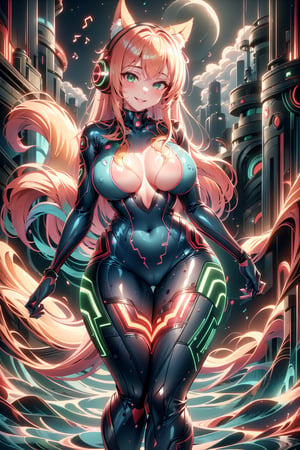 masterpiece, best quality, highres, soundwavetech, scifi, digital music, glowing frequencies, 1girl, solo, standing, looking at viewer, curvy body, large breasts, yellow hair, long hair, fox ears, fox tail, rubbersuit, latex suit, rubber suit, bodysuit, smile, green eyes