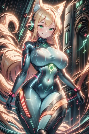 masterpiece, best quality, highres, soundwavetech, scifi, digital music, glowing frequencies, 1girl, solo, standing, looking at viewer, curvy body, large breasts, yellow hair, long hair, fox ears, fox tail, rubbersuit, latex suit, rubber suit, bodysuit, smile, green eyes