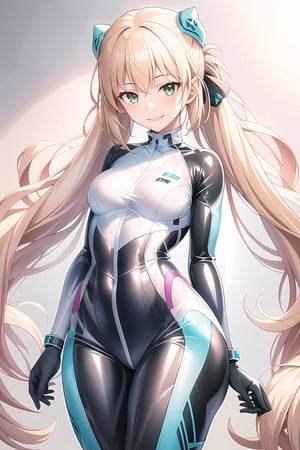 masterpiece, best quality, highres, 1girl, solo, standing, looking at viewer, rubbersuit, latex suit, rubber suit, bodysuit, smile, simple background, white background, bbcaster, long hair, twintails, green eyes