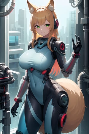 masterpiece, best quality, highres, plasttech, scifi, synthetic, transparent, 1girl, solo, standing, looking at viewer, curvy body, large breasts, yellow hair, long hair, fox ears, fox tail, smile, green eyes