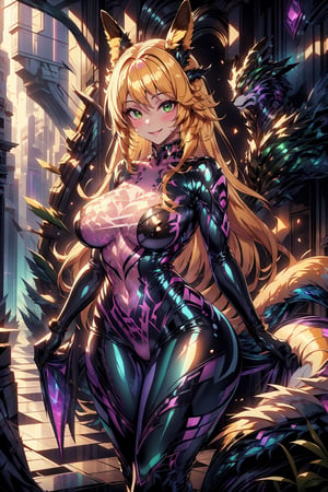 masterpiece, best quality, highres, 1girl, solo, standing, looking at viewer, curvy body, large breasts, yellow hair, long hair, fox ears, fox tail, rubbersuit, latex suit, rubber suit, bodysuit, smile, green eyes, draconictech, scifi, obsidian, iridescent, scaly