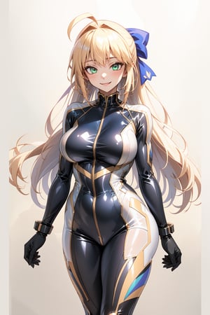 masterpiece, best quality, highres, 1girl, solo, standing, looking at viewer, large breasts, rubbersuit, latex suit, rubber suit, bodysuit, smile, simple background, white background, cccaster, long hair, ahoge, hair bow, green eyes