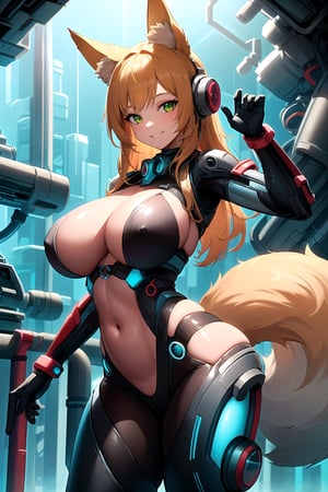 masterpiece, best quality, highres, plasttech, scifi, synthetic, transparent, 1girl, solo, standing, looking at viewer, curvy body, large breasts, yellow hair, long hair, fox ears, fox tail, smile, green eyes